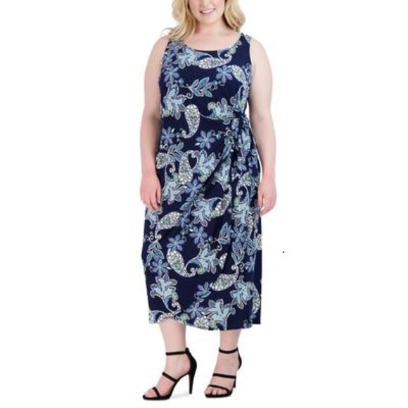 Robbie Bee Plus Size Printed Side-Tie Maxi Dress, Navy/Multi, Size 3X - Picture 1 of 4